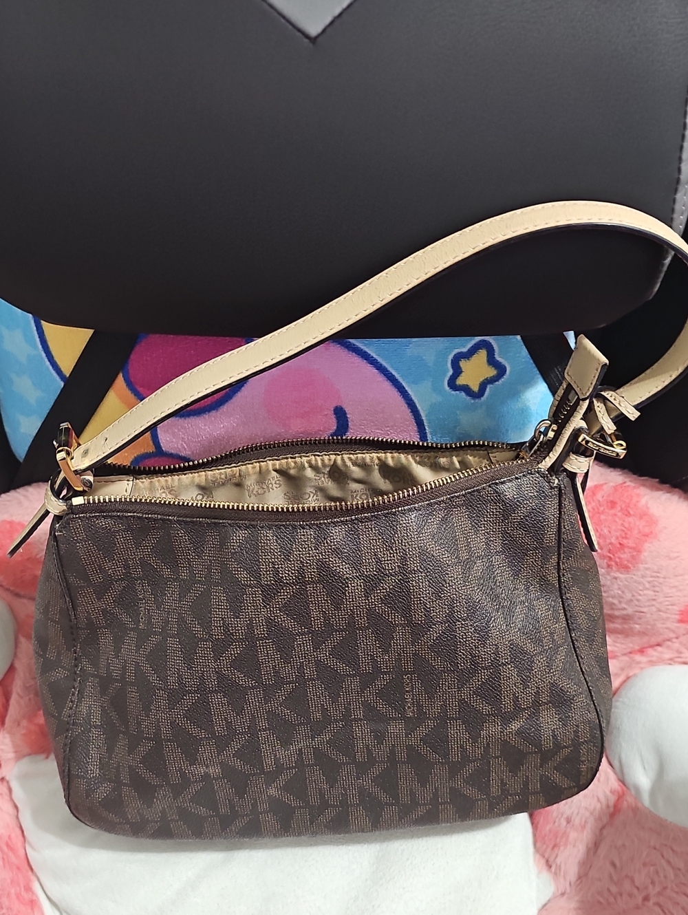 Michael Kors Brown MK Logo Shoulder Bag with Cream Strap